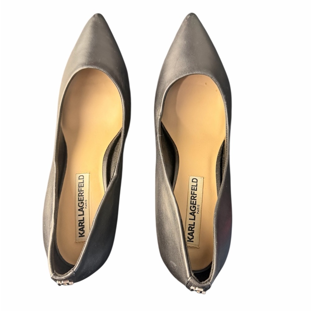 Karl Lagerfeld Paris Royale Size 7.5 Black Leather Pump Stiletto Heels - Picture 6 of 7